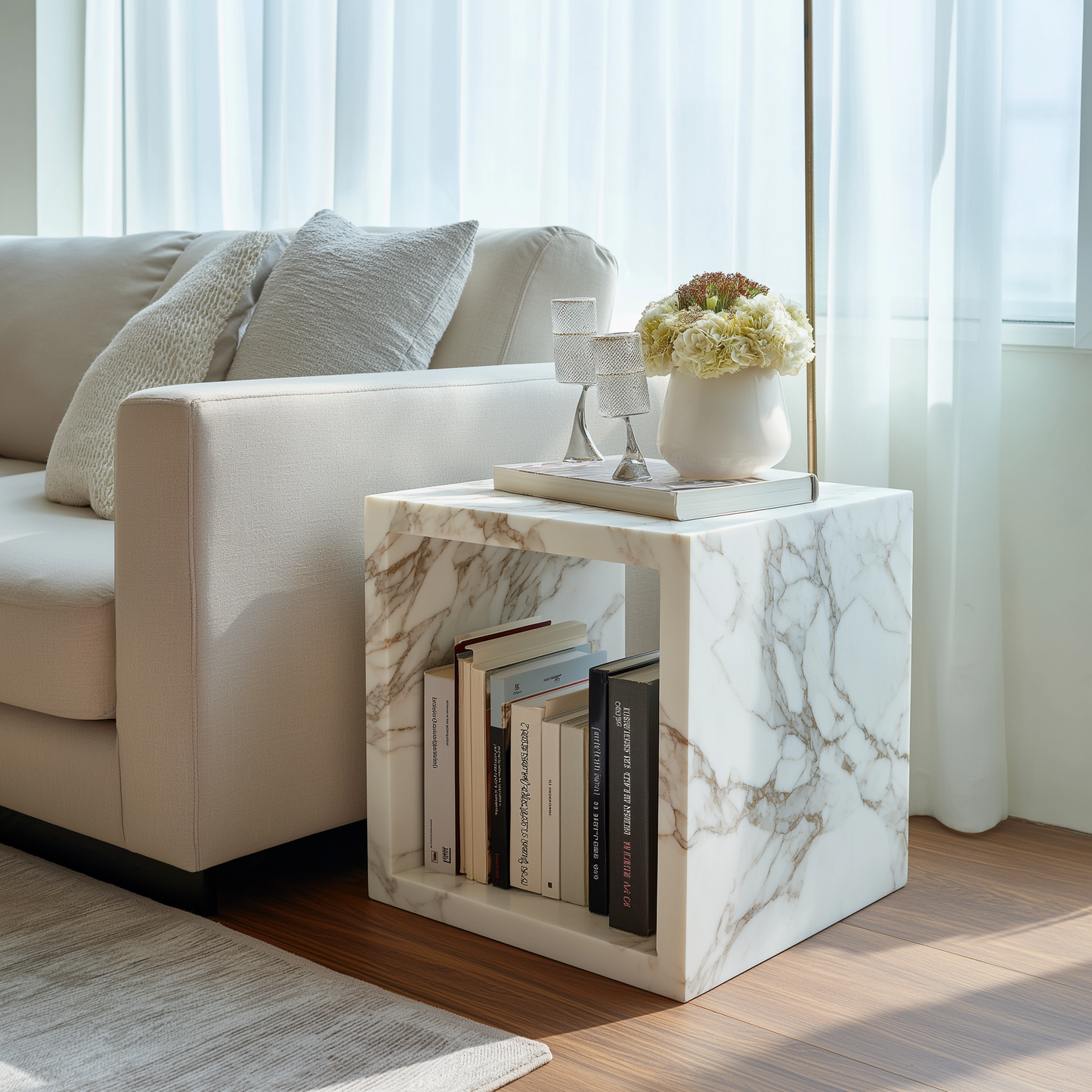 Stone End Table With Bookshelf