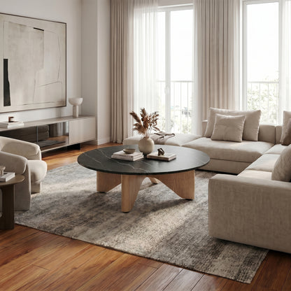 Lotus Stone Coffee Table With Solid Wood Base