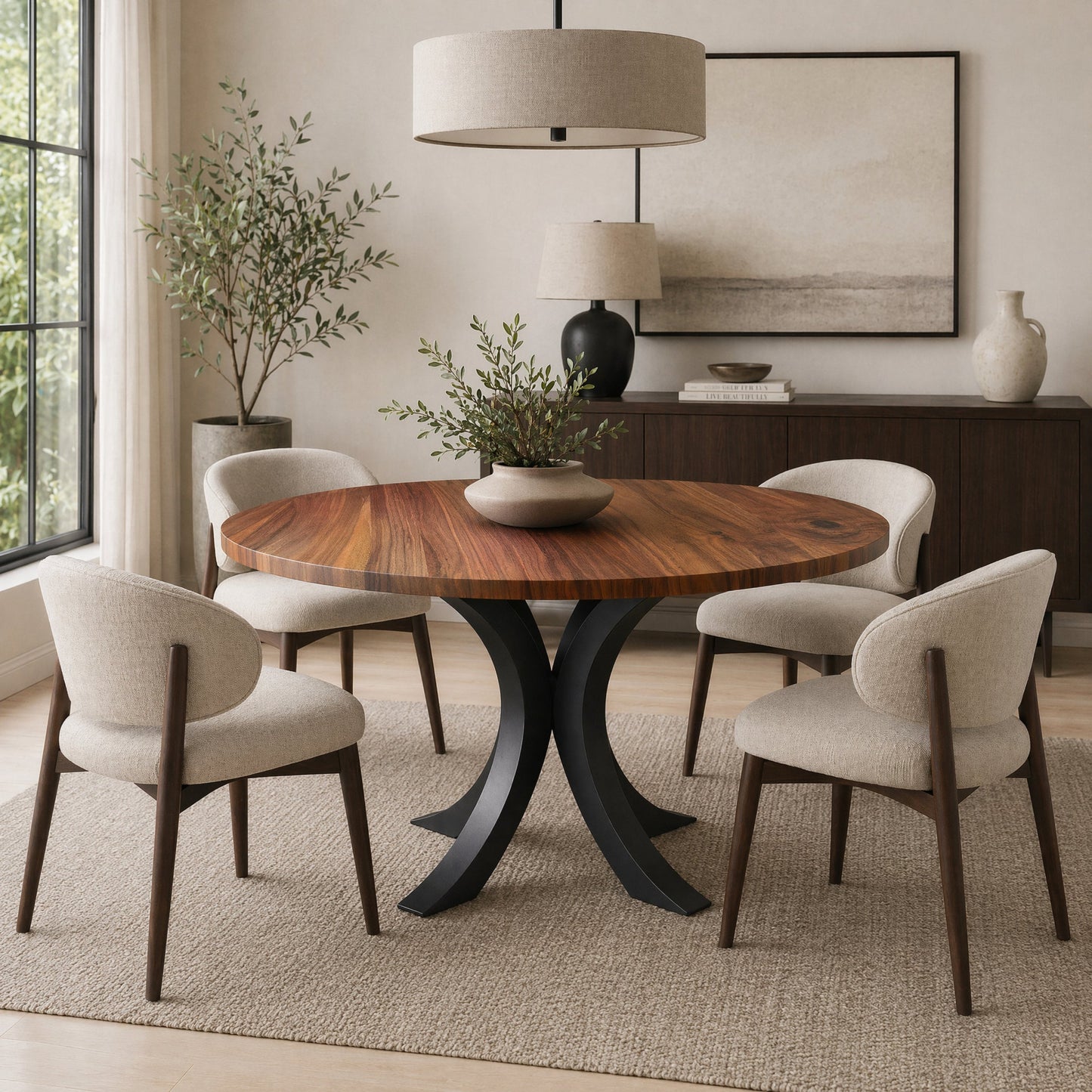 Custom Made Solid Wood Round Table With Curved Spider Base
