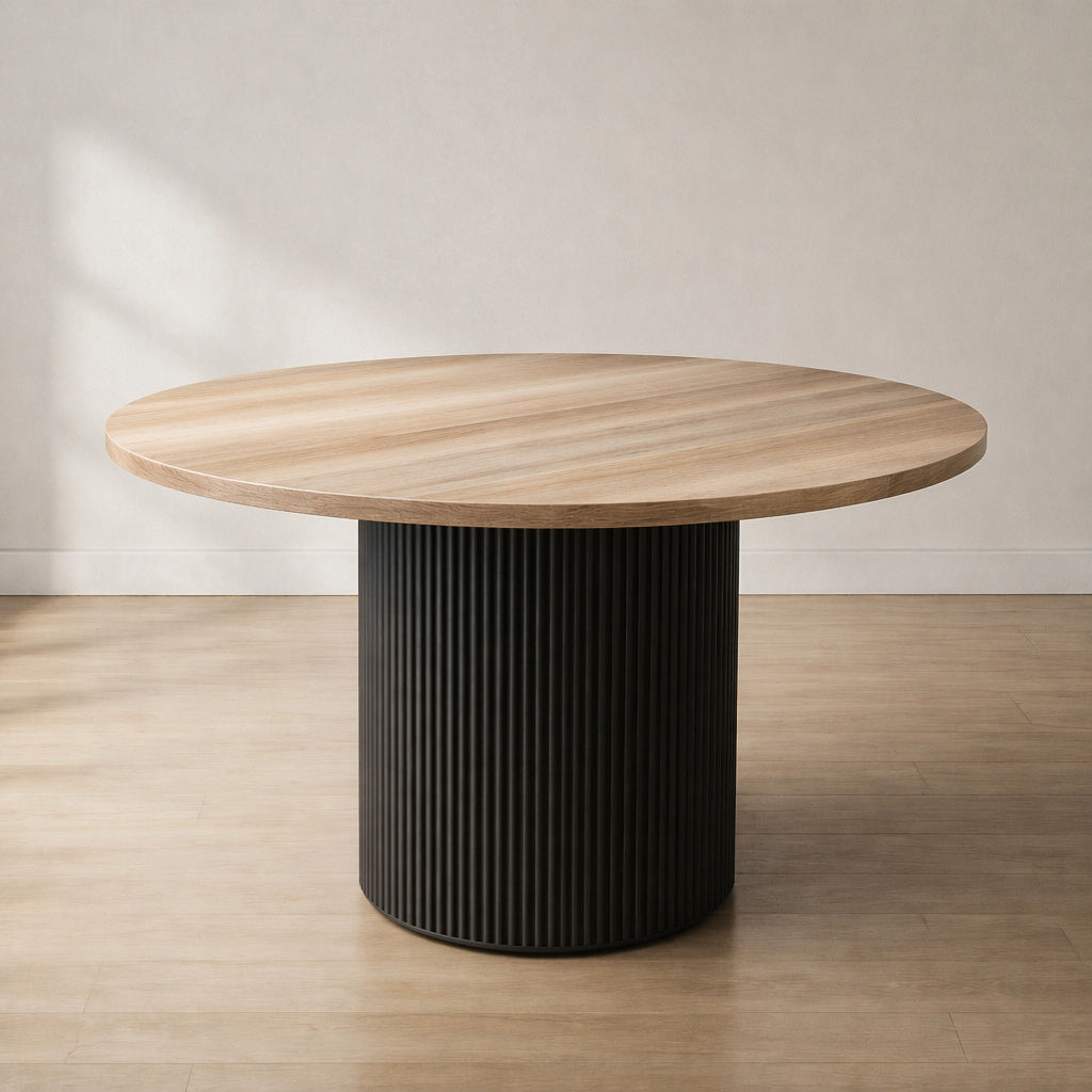 Custom Made Solid Wood Round Table With Fluted Metal Base