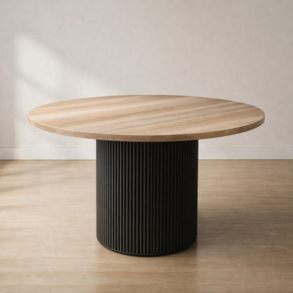 Custom Made Solid Wood Round Table With Fluted Metal Base