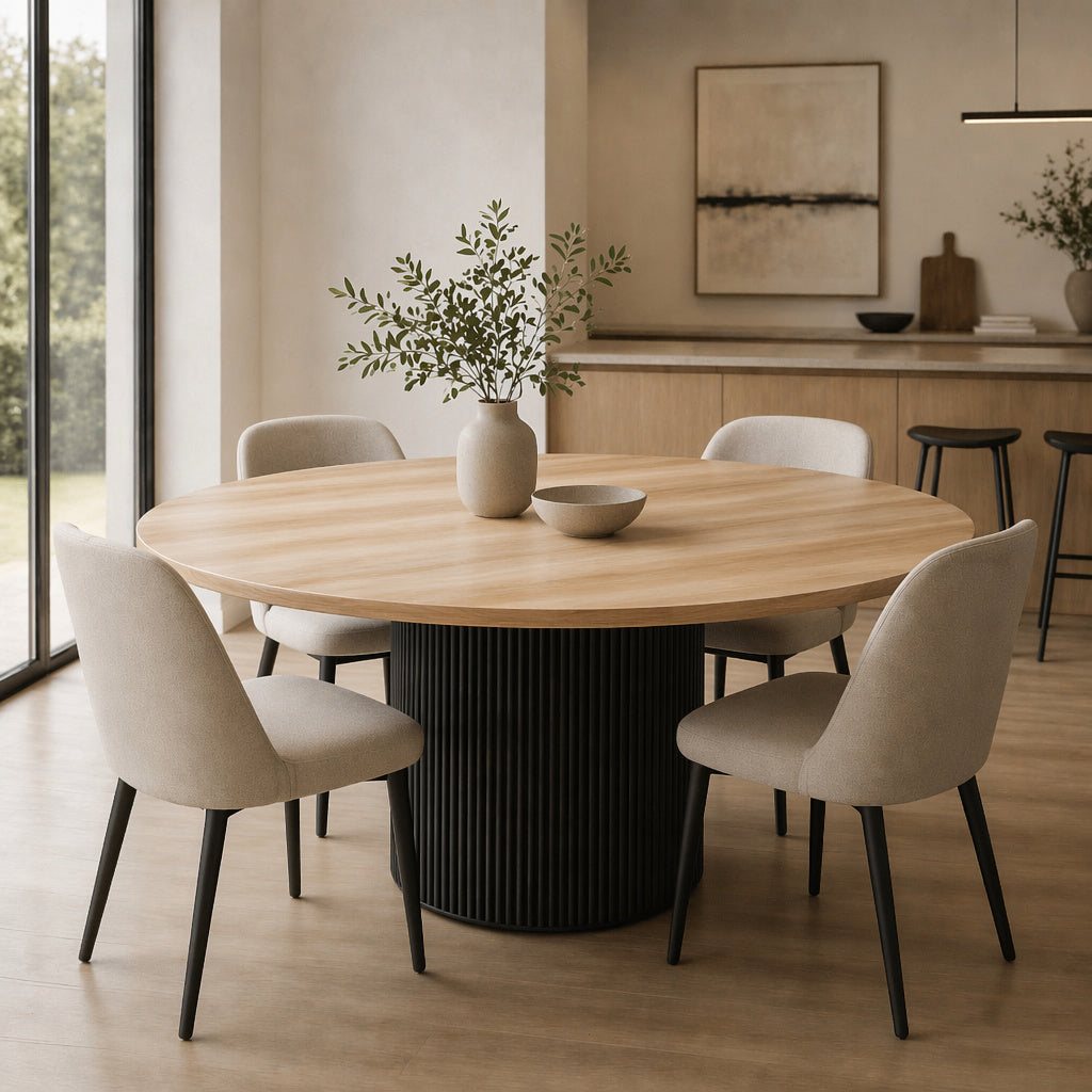 Custom Made Solid Wood Round Table With Fluted Metal Base