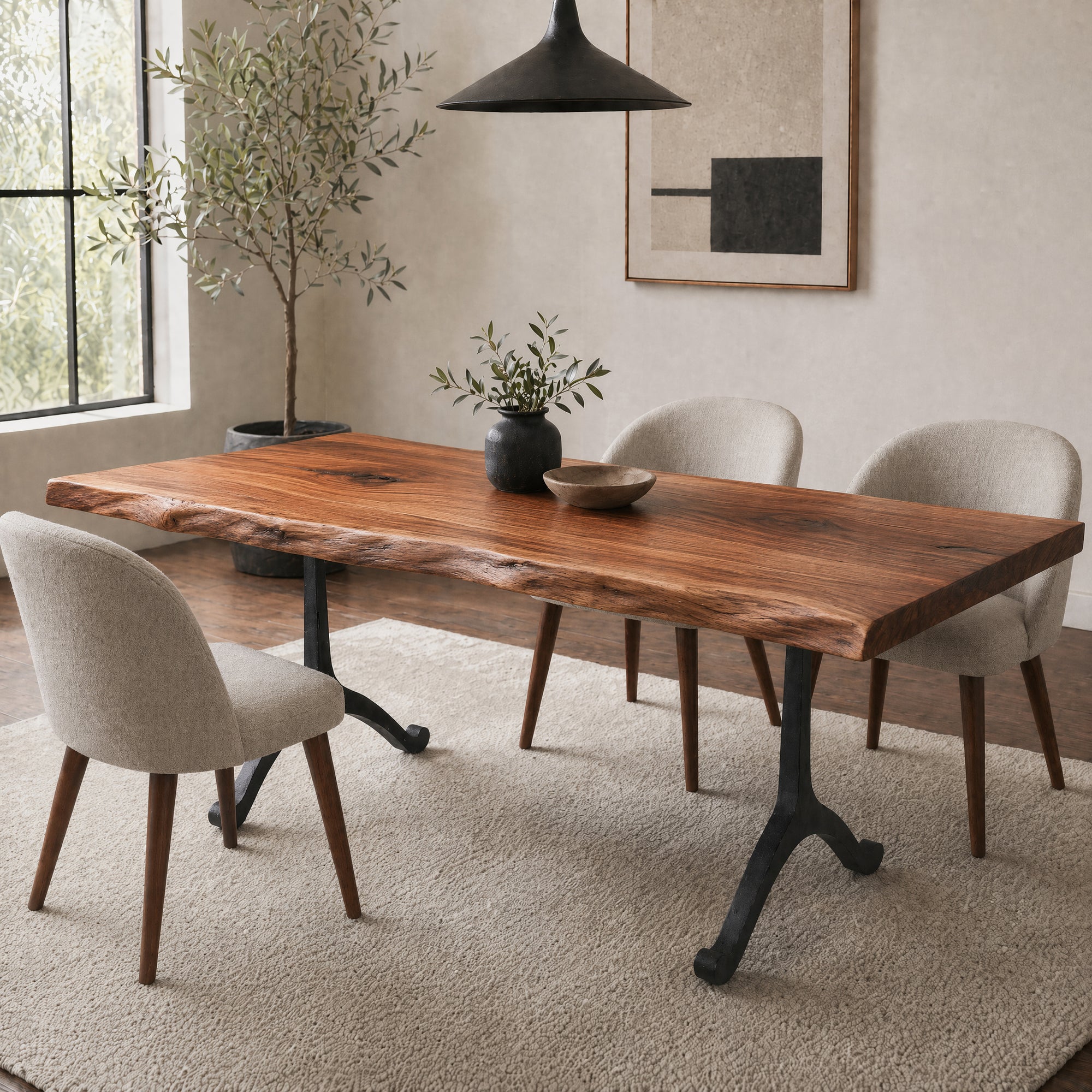 Custom Made Live Edge Table With Cast Iron Wishbone Shaped Metal Base