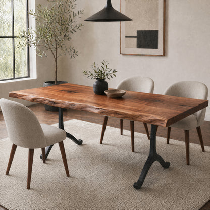 Custom Made Live Edge Table With Cast Iron Wishbone Shaped Metal Base