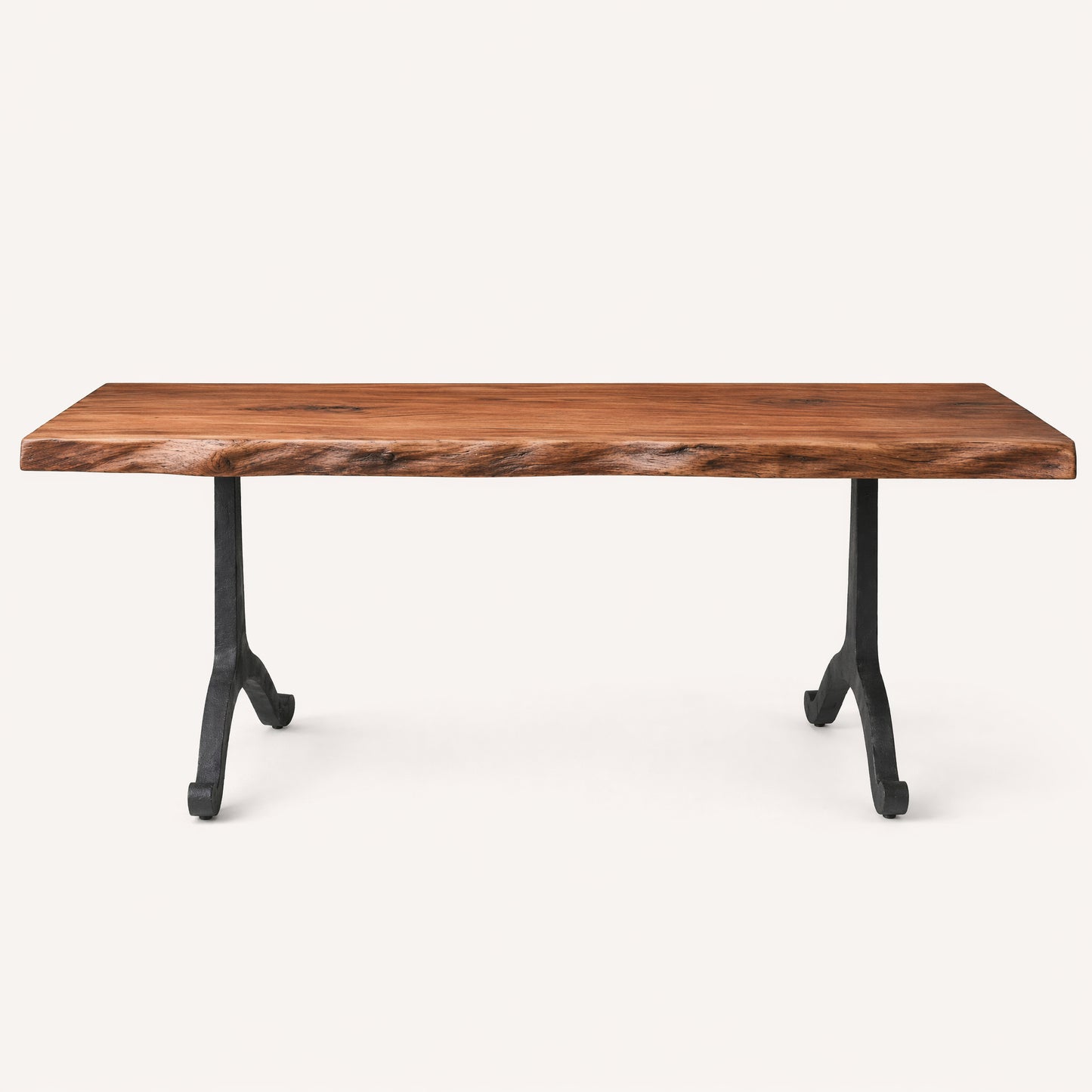 Custom Made Live Edge Table With Cast Iron Wishbone Shaped Metal Base