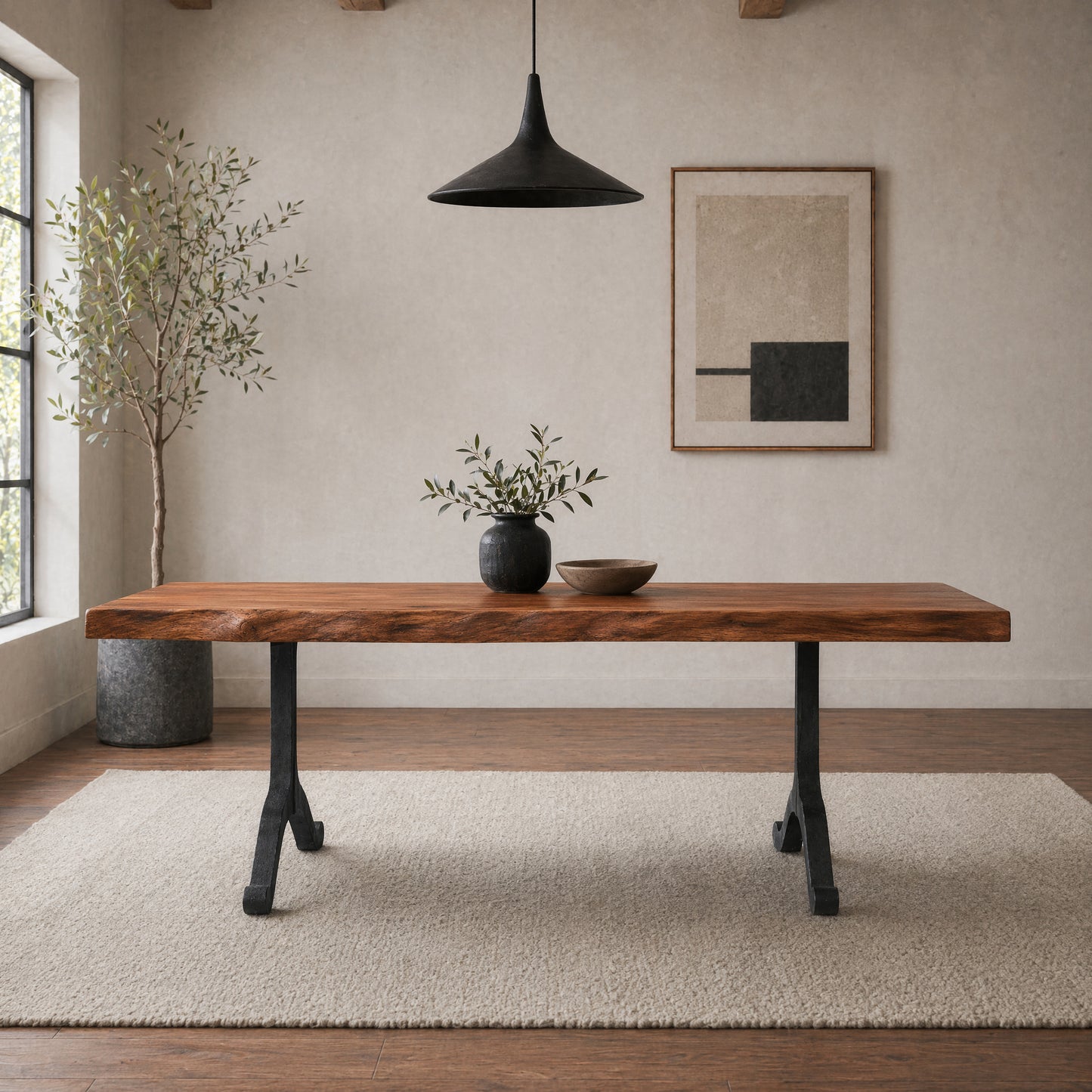 Custom Made Live Edge Table With Cast Iron Wishbone Shaped Metal Base