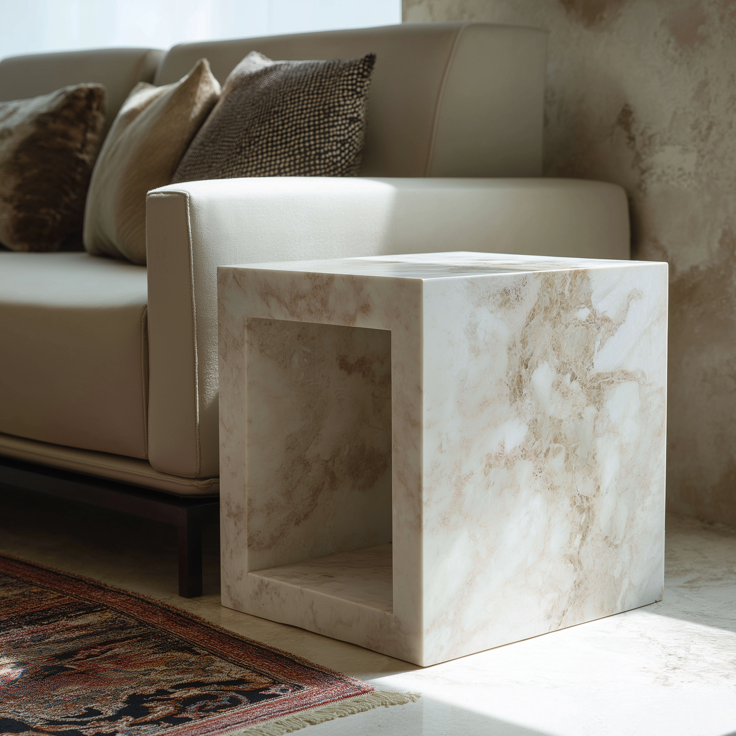 Cube Shaped Stone End Table With Storage
