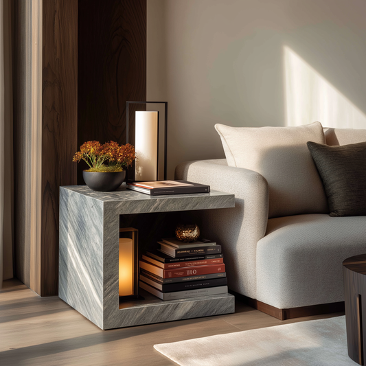 Stone End Table With Bookshelf