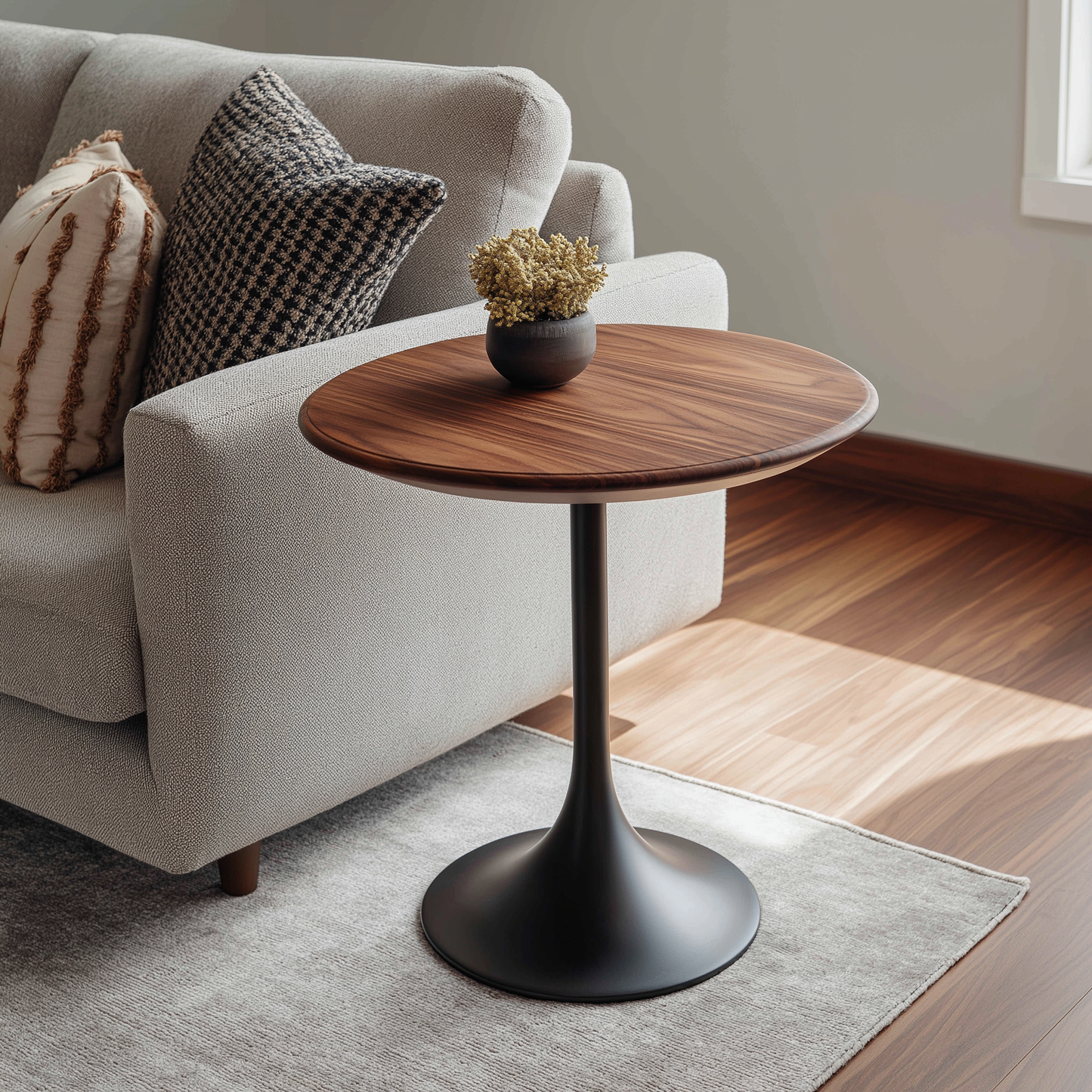 Hardwood End Table With Tulip Shape Metal Base