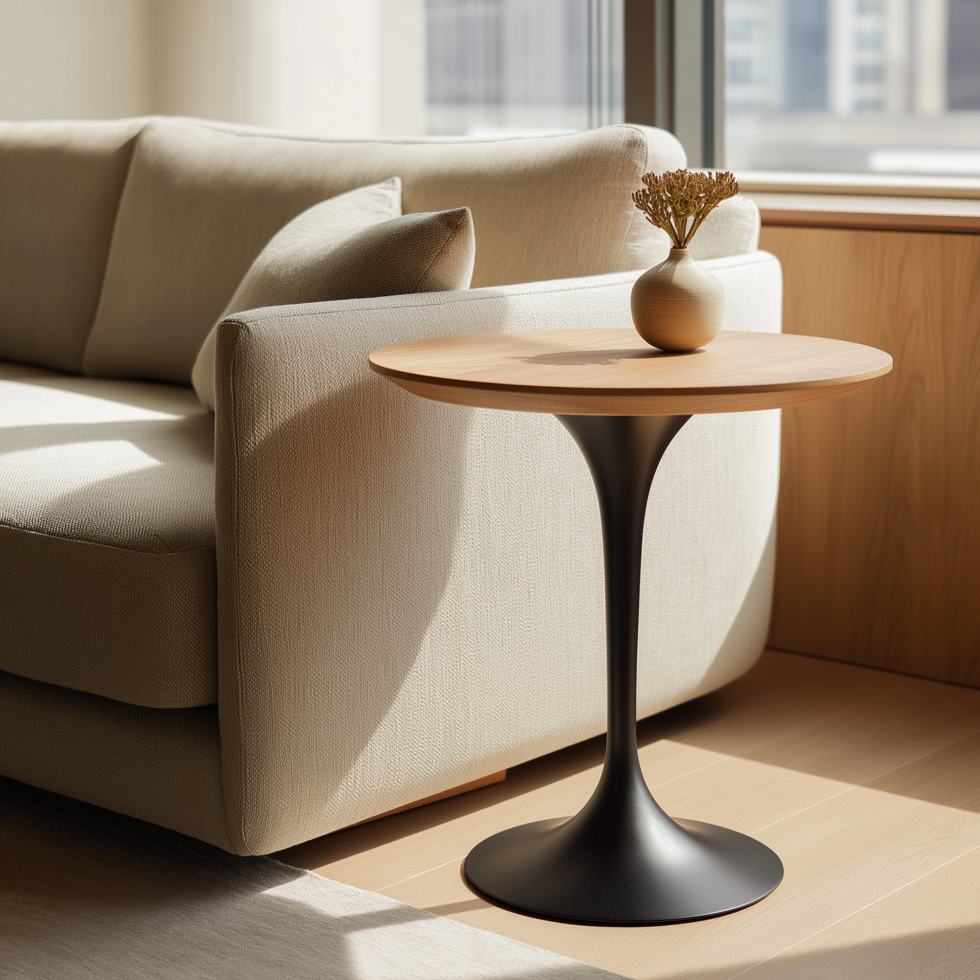 Hardwood End Table With Tulip Shape Metal Base